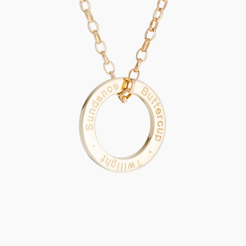 Solid gold loop and chain with personalised pony names engraved