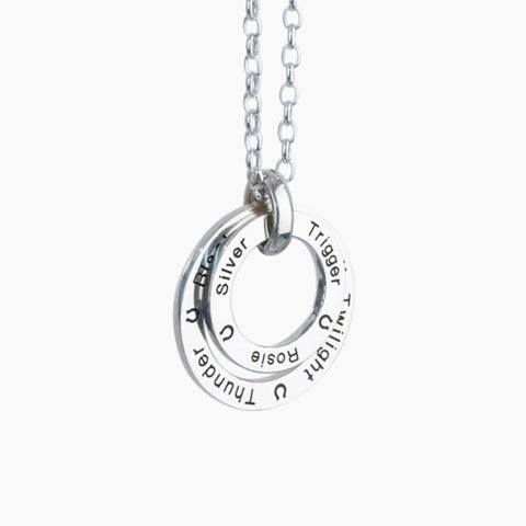 engraved silver loops with pet names on belcher chain